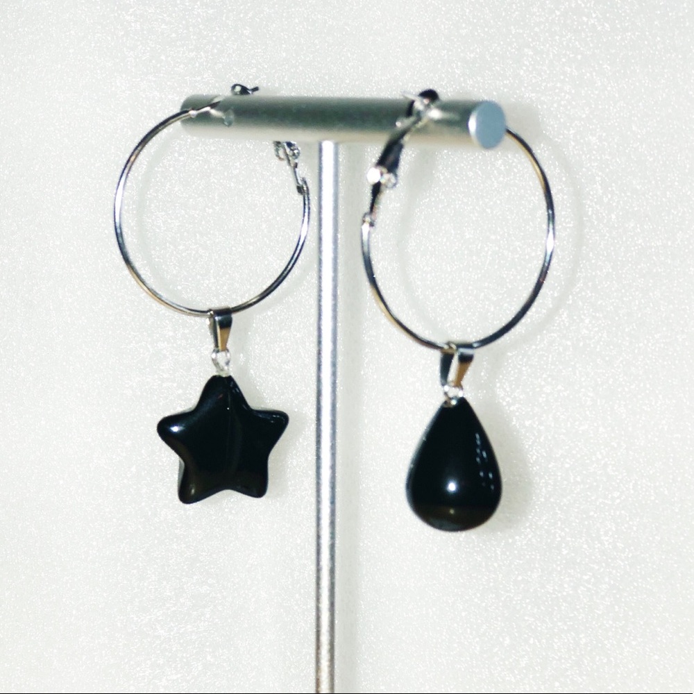 Black obsidian hoop earrings